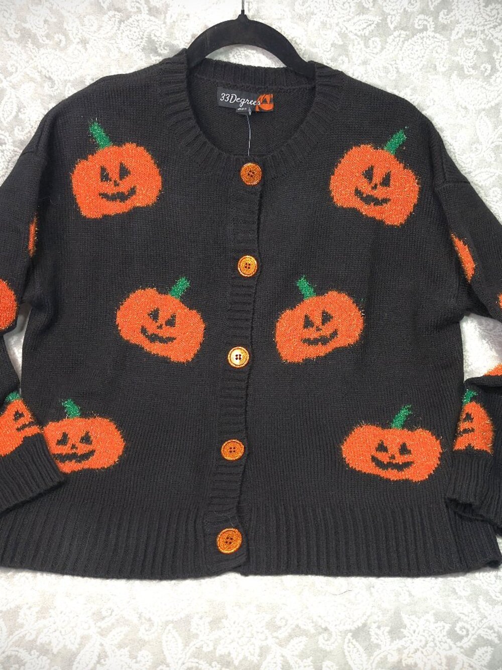 Super soft Women’s Cardigan black with orange glitter Jack-o-lanterns pumpkin L